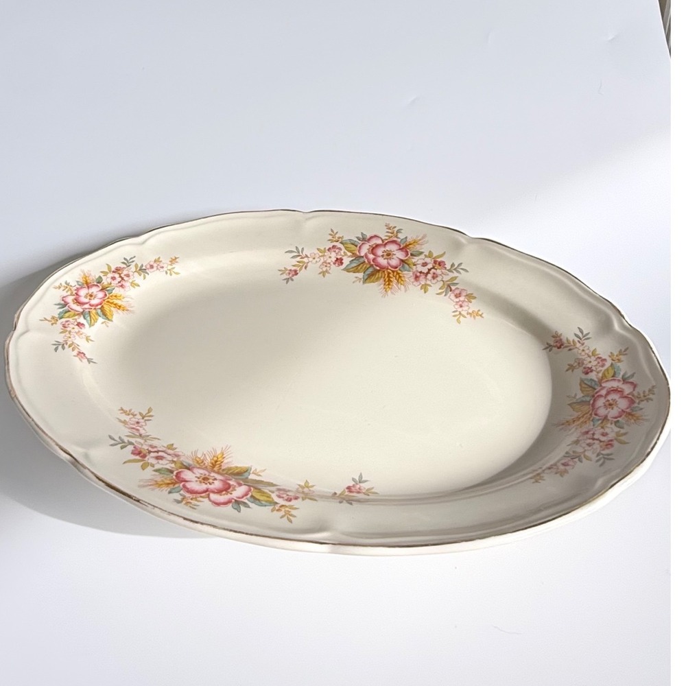 Edwin M Knowles Floral Wheat Semi Vitreous China Oval Serving Platter 13.5" VTG